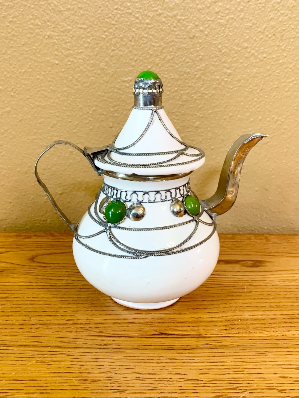 Vintage Moroccan Ceramic Tea Pot Silver Filigree & Gemstones 6” Antique Kettle